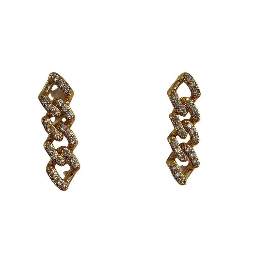 Gold Plated Cuban Chain Link Earrings Clear Rhinestones Pierces 1.25" 7.82g NWOT